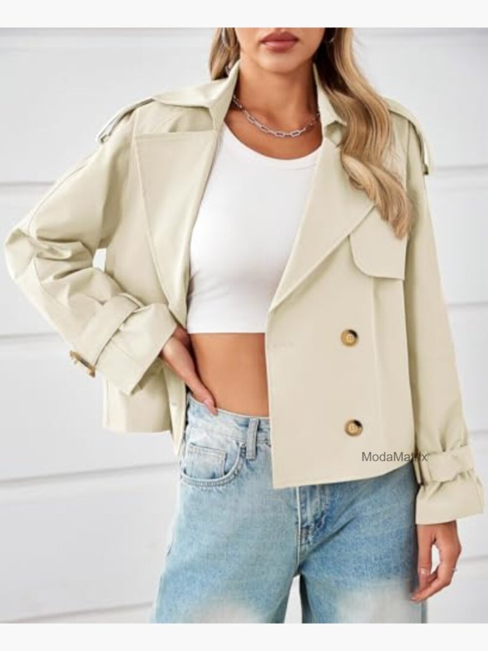 Cropped Trench Coat Oversized Double Breasted Lapel Long Sleeve Short Jacket - Picture 3 of 7